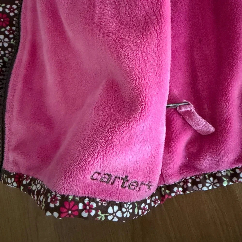 Carters Toddler Girls 3T Reversible Jacket Pink Fleece Floral Brown Full Zip‎